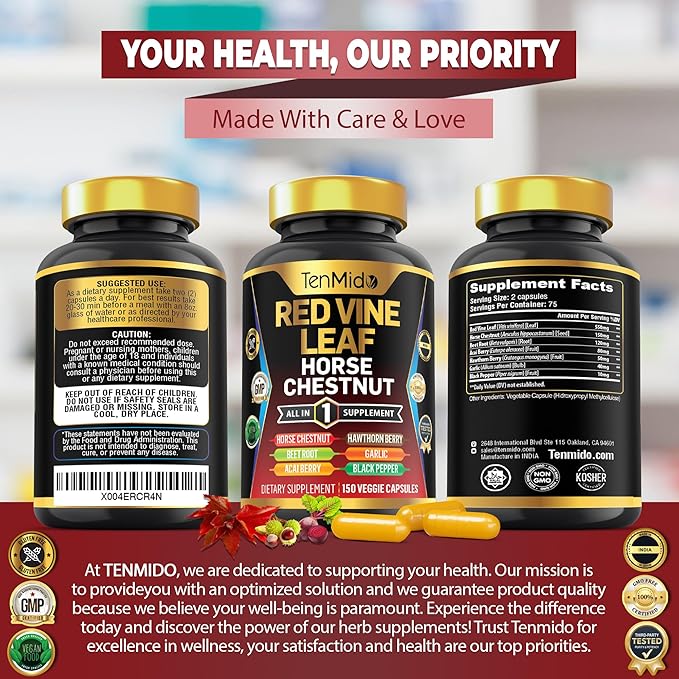 Red Vine Leaf Extract Supplement - 7in1 Formula - Combine with Horse Chestnut, Beet Root, Acai Berry, Hawthorn Berry, Garlic, and Black Pepper - 150 Capsules for 75 Days Supply