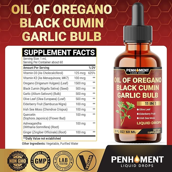 11in1 Organic Oregano Oil Drops with Black Seed Liquid, Garlic, Vitamin D3 & K2, Olive Leaf, Elderberry, Sea Moss, Ashwagandha & Ginger - Immune Support - 2 Fl Oz - 60 Days