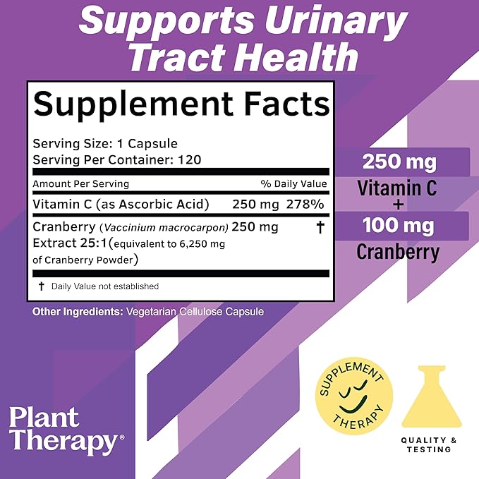 Plant Therapy Cranberry Extract with Vitamin C Herbal Supplement Capsules, Supports Urinary Tract Health, Rich in Antioxidants for Immune, 120 Vegetarian Capsules (4 Month Supply) Made in The USA