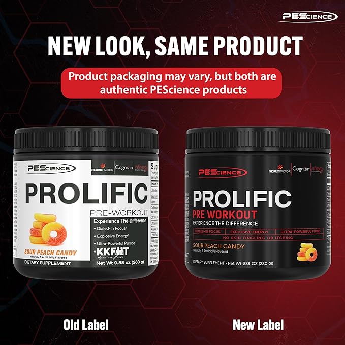 PEScience Prolific Energy Pre Workout – L Citrulline for Nitric Oxide, Rhodiola & CDP Choline Nootropic for Focus – Preworkout for Men & Women – 40 Scoops, Sour Peach Candy