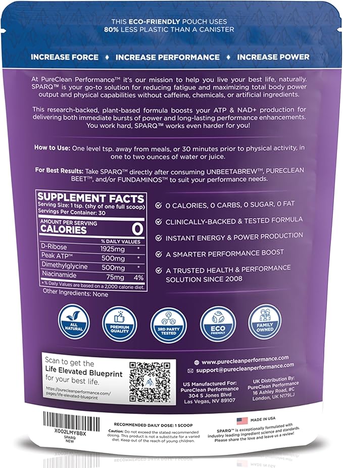 SPARQ Peak ATP Power & Performance Booster – 500mg ATP, D-Ribose, DMG & NAD+ – Boosts Muscle Mass, Energy, Stamina, Strength & Recovery – Caffeine-Free Pre-Workout Powder – 60 Servings – Unflavored