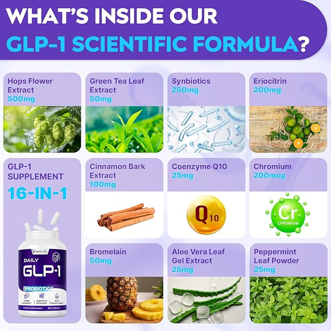 GLP-1 Supplement, 16 in 1 Natural GLP-1 Support, with Probiotic, Hops Extract & Eriocitrin, GLP1 Supplement for Women & Men, GLP1 Probiotics for Digestion, Gut & Metabolism - 30 Days Supply (60 Caps)