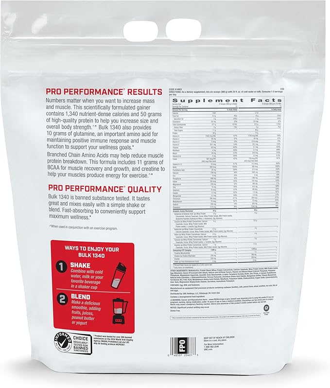 GNC Pro Performance Bulk 1340 Mass Gainer Protein Powder, 50g, Gluten Free, Whey, Creatine, BCAA, 3rd Party Tested, Muscle Recovery & Growth, Micronutrients, Double Chocolate, 15 Servings