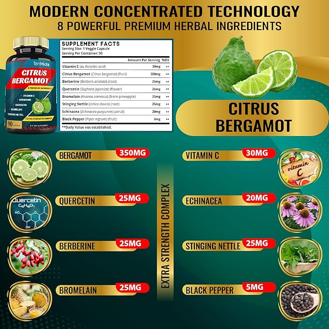 Citrus Bergamot Extract Capsules with VitaminC, Berberine, Quercetin, Bromelain, Echinacea, Black Pepper - 3 Months Supply, 90caps