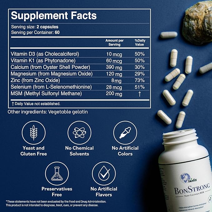 Nano Calcium Supplements for Bone Health 3X 120 Capsules with MSM Made in USA-Calcium Supplements Women, Vitamin D3 with Calcium Supplement for Men, Bone Support, Vitamins for Bones and Joints