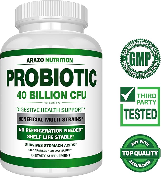 Arazo Nutrition Probiotic 40 Billion CFU - Shelf Stable with Prebiotics and Acidophilus - Stable Potency Until Expiration – Time Delay Release Probiotics