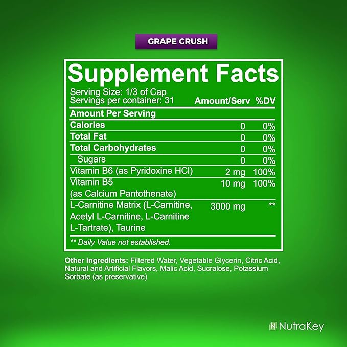 NutraKey L-Carnitine 3000mg, No Sugar, Gluten Free, Turn Into Fuel, (Grape Crush) 31 Servings
