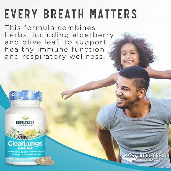 Ridgecrest Herbals ClearLungs Immune, Lung Support Supplement with Mullein, Elderberry, Zinc, Vitamin C, Vitamin A, Olive Leaf (60 Caps, 30 Serv)
