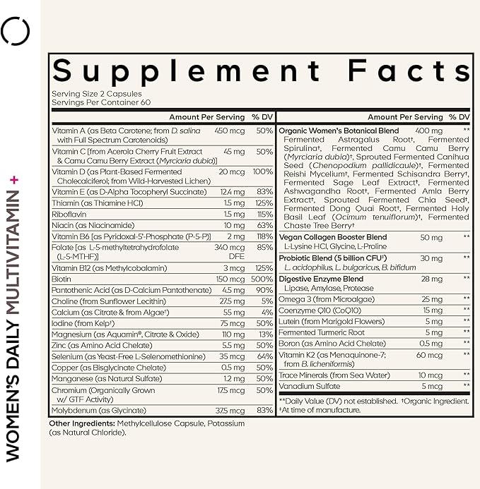 Codeage Women’s Daily Multivitamin, 25+ Vitamins & Minerals, Fermented, Organic Whole Foods, Probiotics Supplement - Vitamin A, B, C, D, E & K, Omega 3, Zinc – Vegan - 120 Capsules