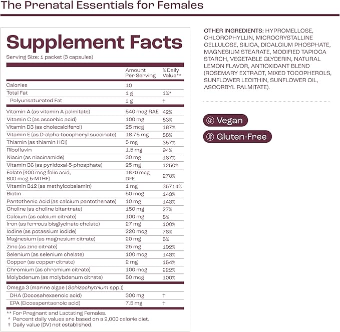 The Prenatal Essentials for Females - Vitamins to Support Pregnancy - Folic Acid, Methylated Folate, DHA (Omega-3), Choline and More - 30-Day Supply (HSA/FSA Eligible)