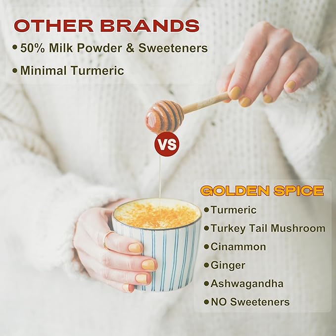 Golden Spice - Mushroom Golden Milk, Heirloom Turmeric Latte Spice Blend | Turkey Tail & Ashwagandha Adaptogens | Caffeine-Free Rooibos Matcha | No Milk or Sweetener Fillers