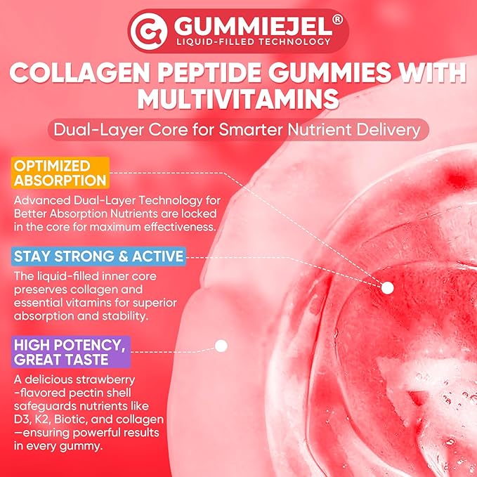 2Pack Sugar-Free Hydrolyzed Collagen Peptide Filled Gummies for Women & Men, with 1500mg Protein Type I,II,III,V,X, 5000mcg Biotin Vitamin C A E D3 B6 B12 for Immune Digestion Skin Hair Nails, Bone