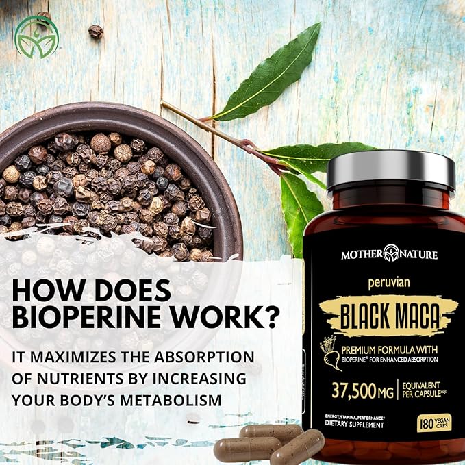 Mother Nature 37,500mg 50x Strength Organic Highly Concentrated Peruvian Black Maca Root Capsules for Men 100% Pure Maca Peruana 50:1 Extract to Boost Stamina, Enegy, Muscle Gain - 180ct