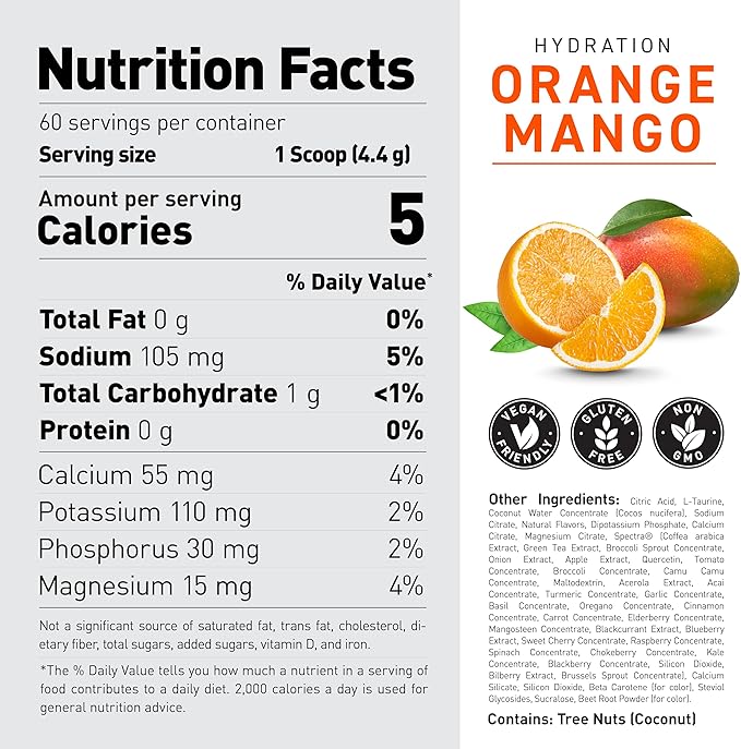 Kaged Electrolyte Hydration Powder Hydracharge Orange Mango Sports Drink for Men and Women Pre, Post, Intra Workout Supplement 60 Servings