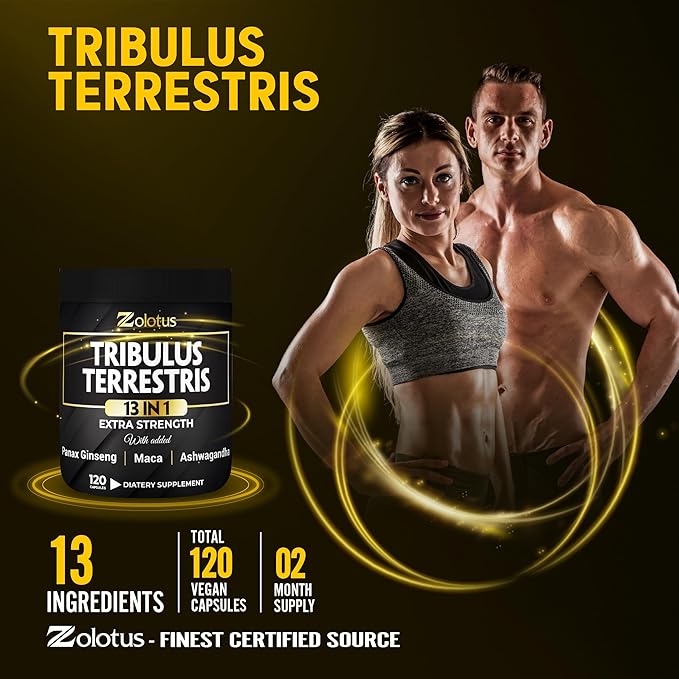 Zolotus 13in1 Tribulus Terrestris Capsules with Maca, Horny Goat Weed, Panax Ginseng, Saw Palmetto, Tongkat Ali, Shilajit & More - Energy, Stamina Supplement for Men & Women - 120 Counts