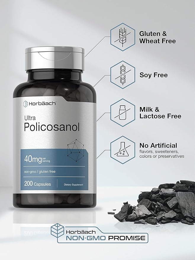 Horbäach Policosanol 40mg | 200 Capsules | Non-GMO and Gluten Free Supplement