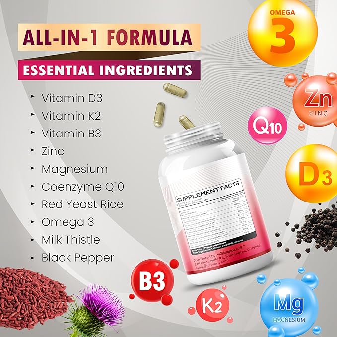 COQ10 + Red Yeast Rice Supplement - 10-in-1 Natural Blend with Omega 3 Vitamin B3, K2, D3, Zinc Milk Thistle Black Pepper - 150 Count - Made & Tested in The USA