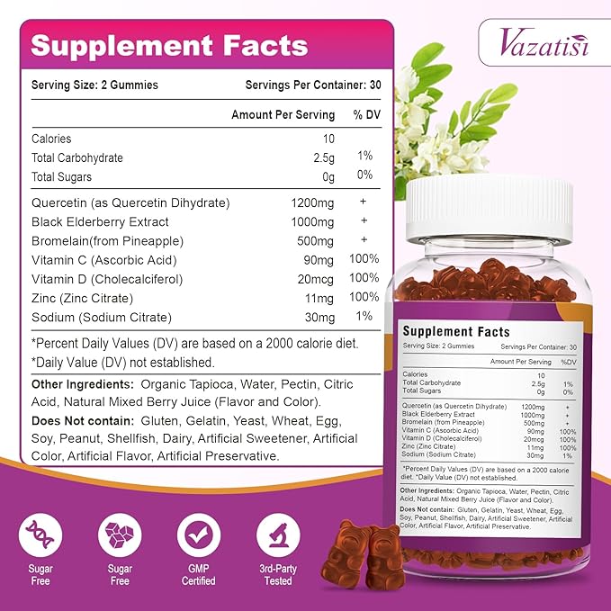 Quercetin Gummies, Quercetin with Vitamin C Zinc, Bromelain, Elderberry and Vitamin D, Immune Support Adults Kids, Women Men, 60 Gummies Chewable