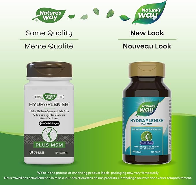 Nature’s Way Hydraplenish, with Unique BioCell Collagen, Hyaluronic Acid, OptiMSM, Supports Healthy Hair, Skin and Nails*, 60 Capsules (Packaging May Vary)