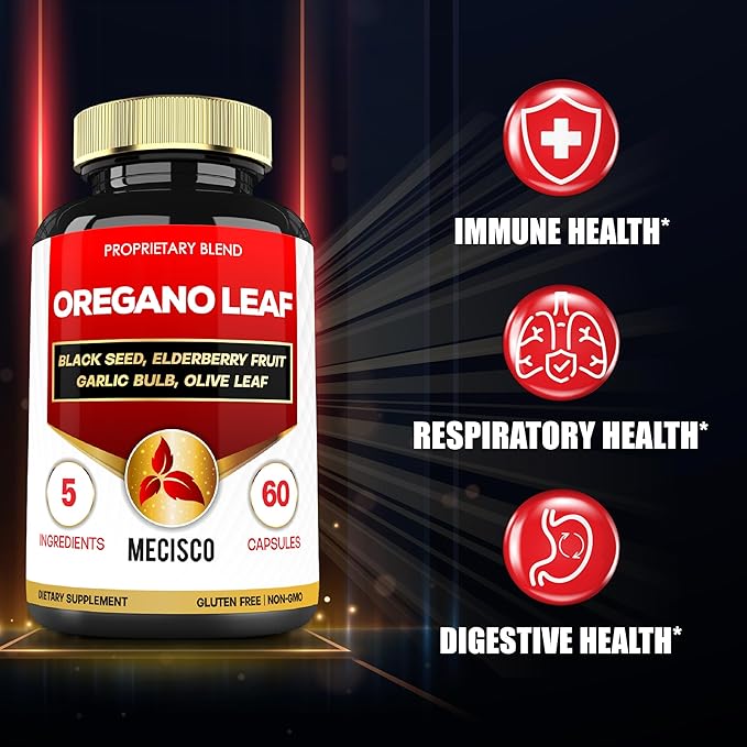 5in1 Oregano Capsules with Oregano Leaves and Black Seed, Elderberry, Garlic Bulb, and Olive - Support Immune & Digestive Health for Men and Women - 60 Count for 2 Months Supply