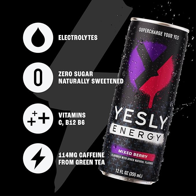 Yesly Energy Drink, Mixed Berry, Naturally Flavored Sparkling Energy Water With Electrolytes, Magnesium, Potassium, Vitamin C, B6 & B12, Natural Caffeine From Green Tea, 12 Fl Oz Cans, 12 Pack