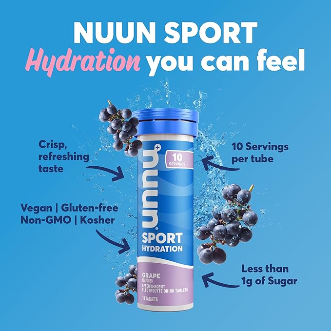 Nuun Sport Electrolyte Tablets with Magnesium, Calcium, Potassium, Chloride & Sodium, Gluten Free & Vegan, Grape, 8 Pack (80 Servings Total)