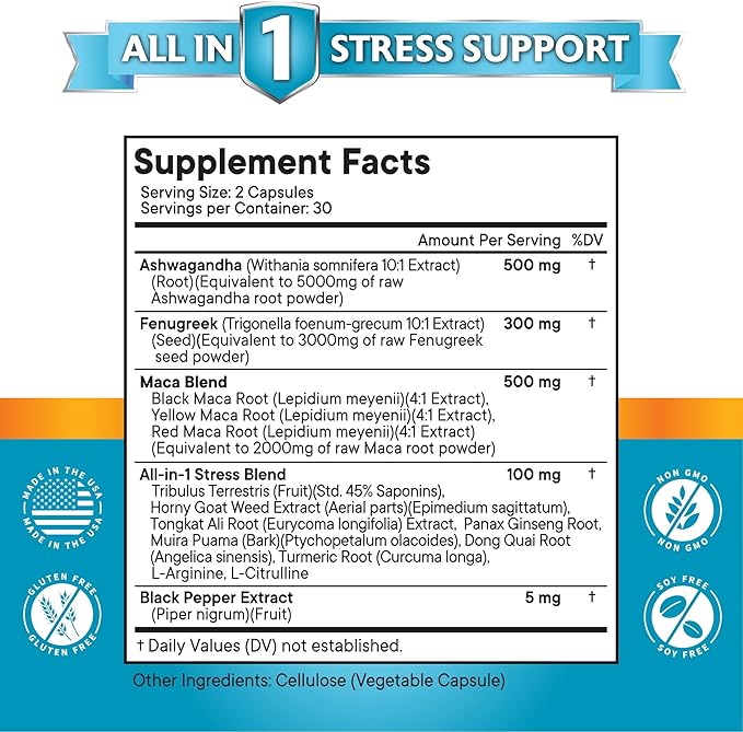 NEW AGE Ashwagandha Maca Root Fenugreek Supplement with Tongkat Ali Ginseng - Assists with Overall Health - Made in USA - 120 Count