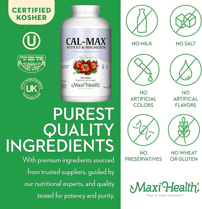 Maxi Health Calcium Magnesium Supplement with Vitamin D3 and Boron - Kosher Bone Health & Nighttime Formula, Calcium Citrate CalMag & Vitamin D (360 Tablets)