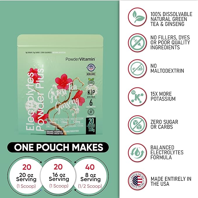 Electrolytes Powder Plus (20 Servings) Green Tea Ginseng Electrolyte Powder Keto, Sugar Free, Pink Himalayan Salt,1000mg Potassium,120mg Calcium,120mg Magnesium, Hydration Powder