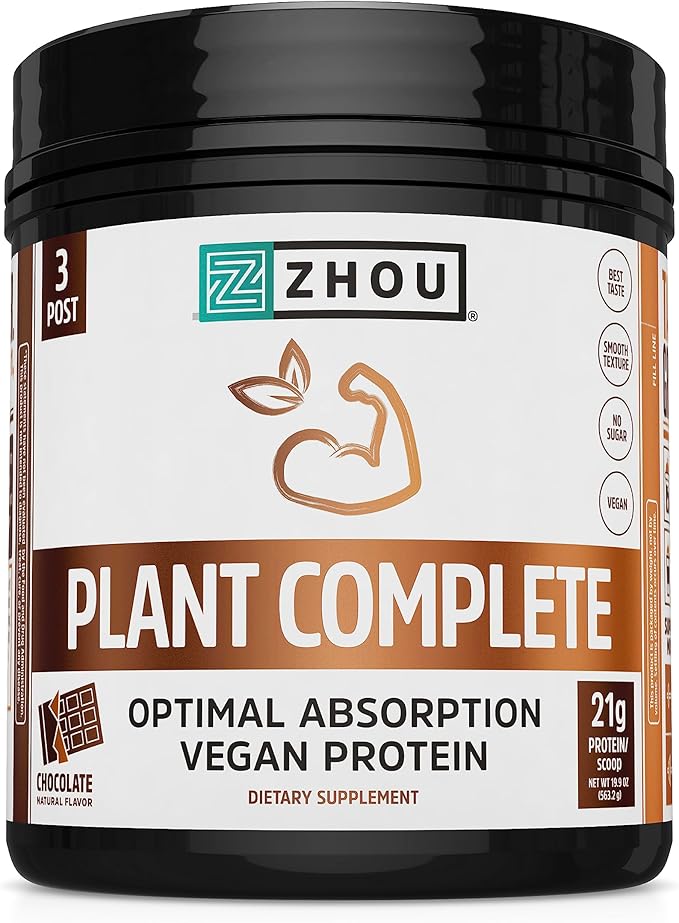 Zhou Nutrition Plant Based Vegan Protein Powder, Best Absorption Digest Score, Complete Amino Acid Profile, Dairy Free, Soy Free, Gluten Free, Sugar Free, Chocolate, 21g Protein, 16 Servings