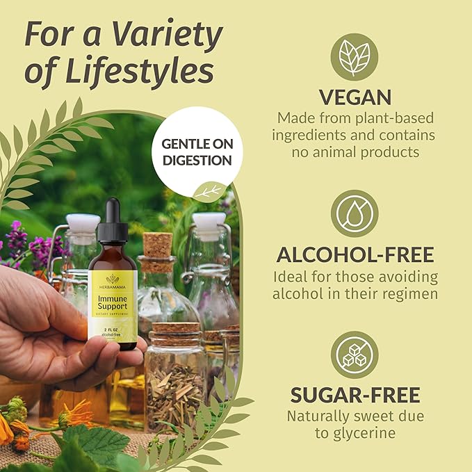 HERBAMAMA Liquid Immune Support Drops - Vegan Echinacea Goldenseal Tincture with Ginger Root & Elderberry - Non-GMO, Alcohol & Sugar-Free Supplement with Immune Support Herbs, 28-Day Supply