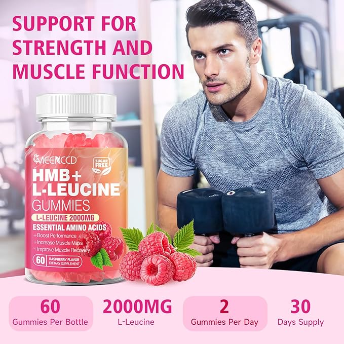 HMB and L-Leucine Gummies, 3000mg HMB and Leucine Amino Acid for Muscle Growth, Muscle Mass, Muscle Relief, and Fast Workout Recovery, for Men & Women, Sugar-Free, Raspberry Flavor, 60 Count