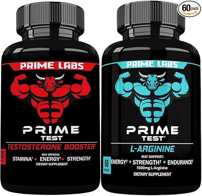 Prime Labs Prime Test Testosterone Booster + L Arginine Nitric Oxide Capsules - 60 Count Each