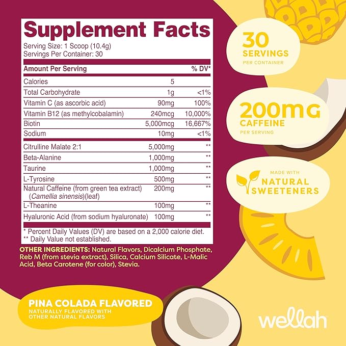 Wellah Get-Going Pre-Workout Drink Mix (Pina Colada Flavored, 30 Servings)