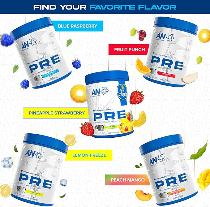 AN Performance Pre-Workout Powder Supplement for Men & Women | Energy Drink Mix with 300mg Caffeine + Beta Alanine + Citrulline | Third-Party Tested | Blue Razz | 30 Servings