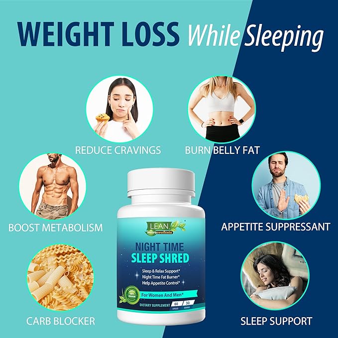 Weight Loss Sleep Aid Night Time Shred Fast Fat Burner, Melatonin L-theanine Cla Ashwagandha Valerian Root 5HTP Pill, Appetite Suppressant Metabolism Booster Calm Supplement for Women Men, 60 Capsule
