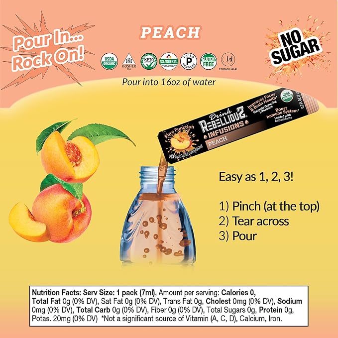 Peach Organic Drink Mix – No Sugar, Loaded with Antioxidants, L-Theanine, and Natural Caffeine – 10 Count