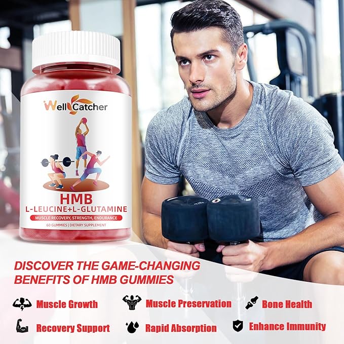 HMB and Leucine Gummies Supplements: HMB and Leucine Amino Acid for Men Women with L-Glutamine for Muscle Growth Fast Workout Recovery, Sugar Free Vegan Non-GMO Strawberry Flavored 30 Day Supply