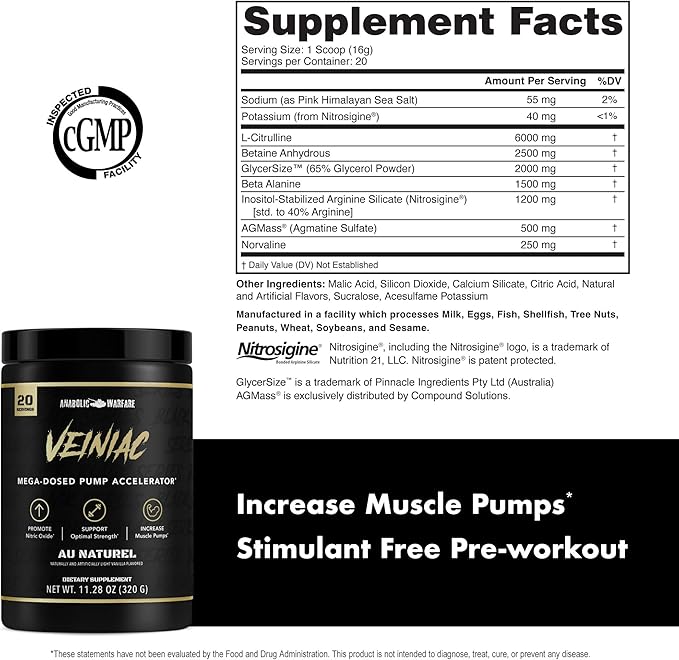 Anabolic Warfare Veiniac Muscle Pump Activator Supplement Stimulant Free Pre-Workout with L-Citrulline, Betaine Anhydrous, & Added AGMass™, Increases Nitric Oxide*, Natural 20 Servings