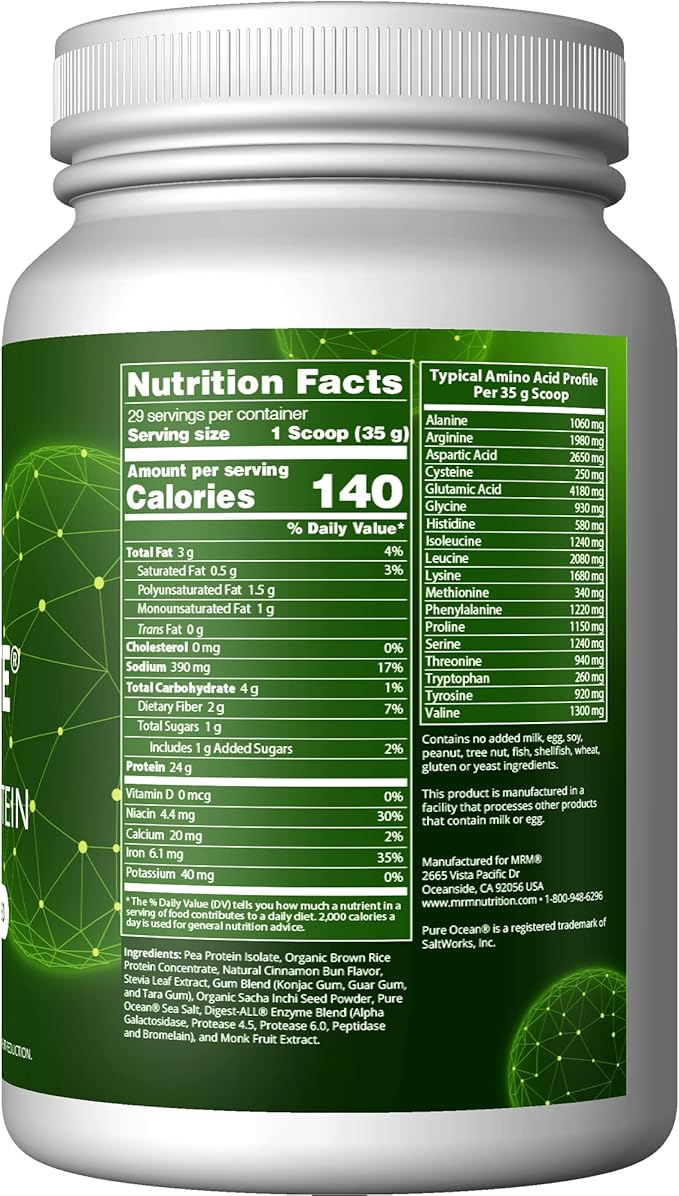 MRM Nutrition Veggie Elite Performance Protein | Cinnamon Bun Flavored| Plant-Based Protein| Easy to Digest | with BCAAs| Vegan + Gluten-Free | Clinically Tested| Digestive enzymes | 30 Servings