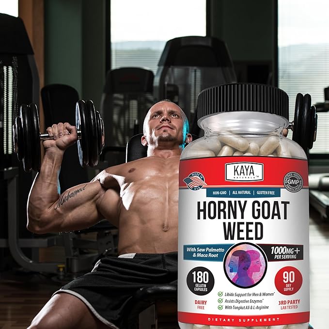Kaya Naturals Horny Goat Weed Extract - Maca - Extra Strength Complex with Saw Palmetto Ginseng, Arginine Vitamin Supplement - Horny Goat Weed - 180 Count