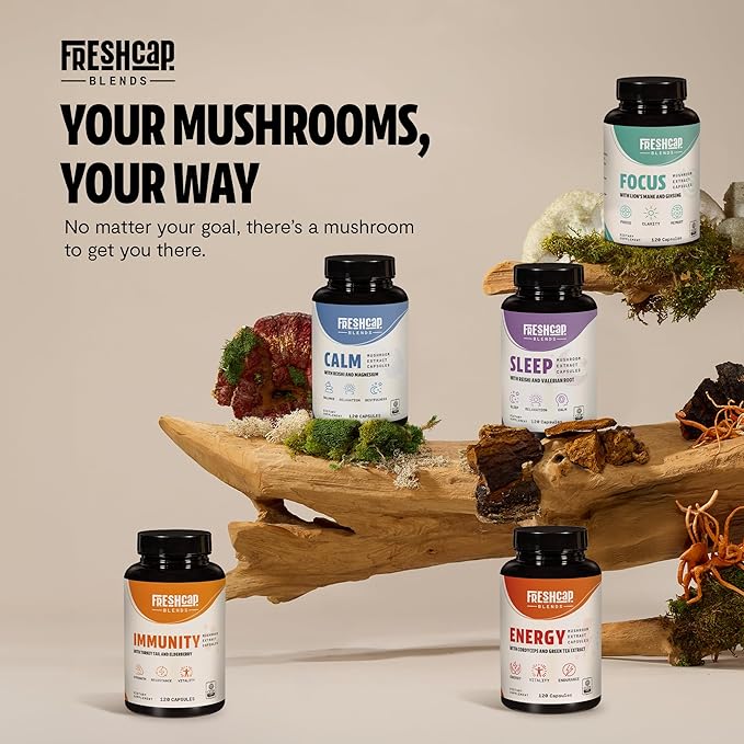 FreshCap Calm Gummies for Adults - Calm w/Reishi, Ashwagandha, St. John’s Wort, Lemon Balm, Magnesium - Balance, Relaxation & Emotional Stability -Ayurveda Daily Mushroom Supplement, Vegan - 60 Count