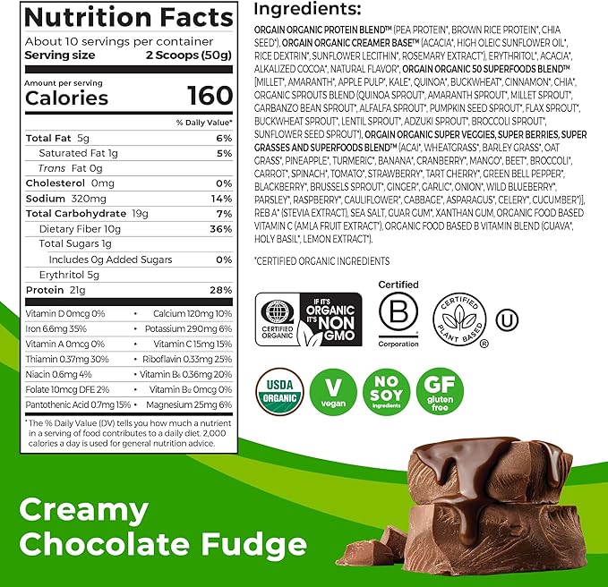 Orgain Organic Vegan Protein + 50 Superfoods Powder, Creamy Chocolate Fudge - 21g Plant Based Protein, 10g Prebiotic Fiber, No Lactose Ingredients, Gluten Free, No Added Sugar, Non-GMO, 1.12 lb