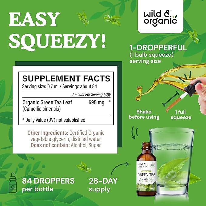 Wild & Organic Green Tea Extract Liquid Drops - Antioxidant Supplement - Natural Green Tea Supplements w/Camelia Sinensis - Vegan, Sugar & Alcohol-Free Tincture - 2 fl oz