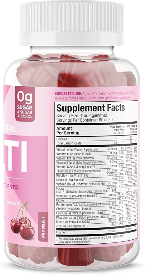 SUKU Teen Girl Multivitamin Gummies – Vitamins A, B12, C, D3, E, Biotin & Zinc – Sugar-Free Vegetarian Supplement for Skin, Energy, Immune & Bone Health – Cherry Flavor – 60 Count