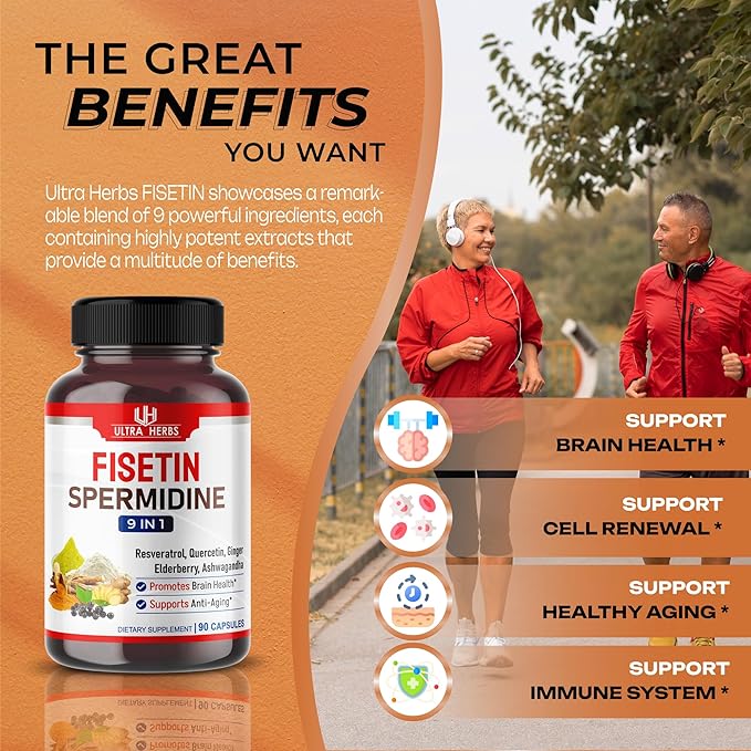 Ultra Fisetin Supplements Complex Resveratrol Quercetin - Support Brain Wellness, Immune System with Elderberry, Echinacea, Ashwagandha, Turmeric, Ginger (90 Count (Pack of 1))