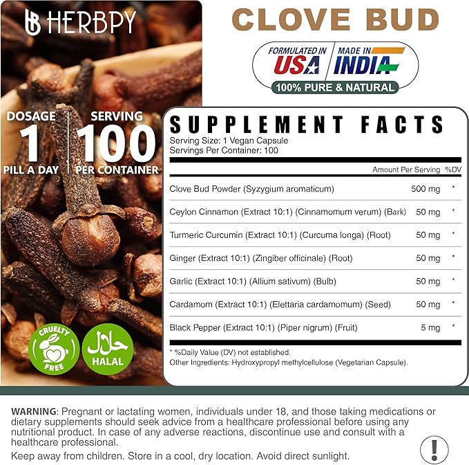 7in1 Clove Supplement Rich in Vitamins & Minerals Supports Digestion, Immune & Heart Health with Cinnamon, Turmeric, Ginger, Cardamom, Garlic & Black Pepper - 100 Vegan Capsules