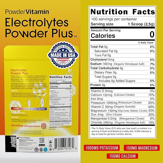 Electrolytes Powder Plus (100 Servings) Unsweetened Black Tea Electrolyte Powder Keto,SugarFree,Pink Himalayan Salt,1000mgPotassium,150mgCalcium,150mgMagnesium,Hydration Powder NO STEVIA
