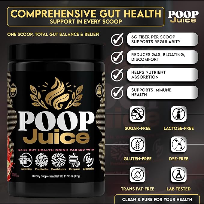 Poop Juice 5-in-1 Prebiotic, Probiotic, Postbiotic, Digestive Enzymes & Glutamine Supplement Powder - Bloat Relief, Gut & Immune Support - Sugar & Lactose-Free - 30 Servings (Georgia Peach Mango)