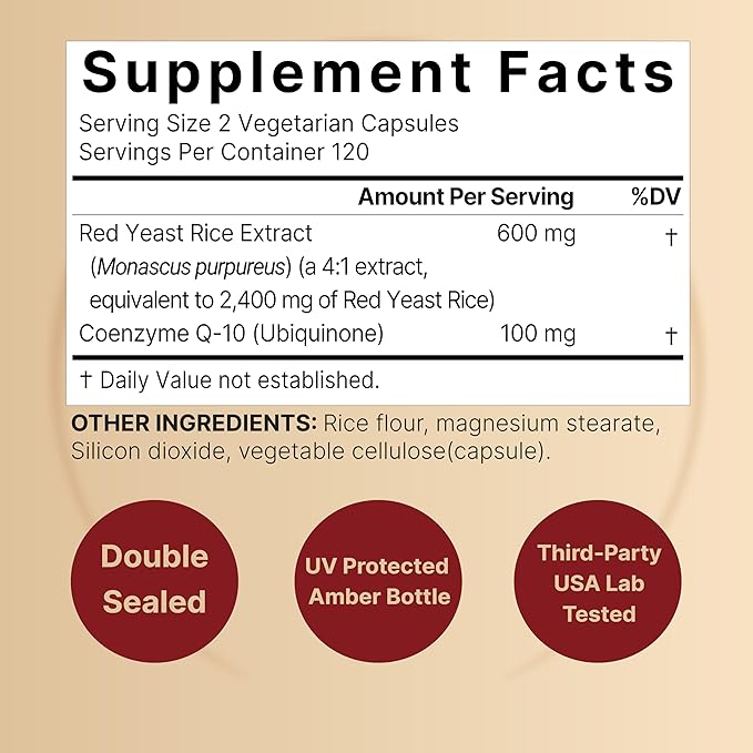 Red Yeast Rice 2,400mg with CoQ10, 240 Veggie Capsules (1,200mg Per Capsule) | Advanced Heart Health Herbal Supplement – Antioxidant Support for Energy & Heart Health – Non-GMO